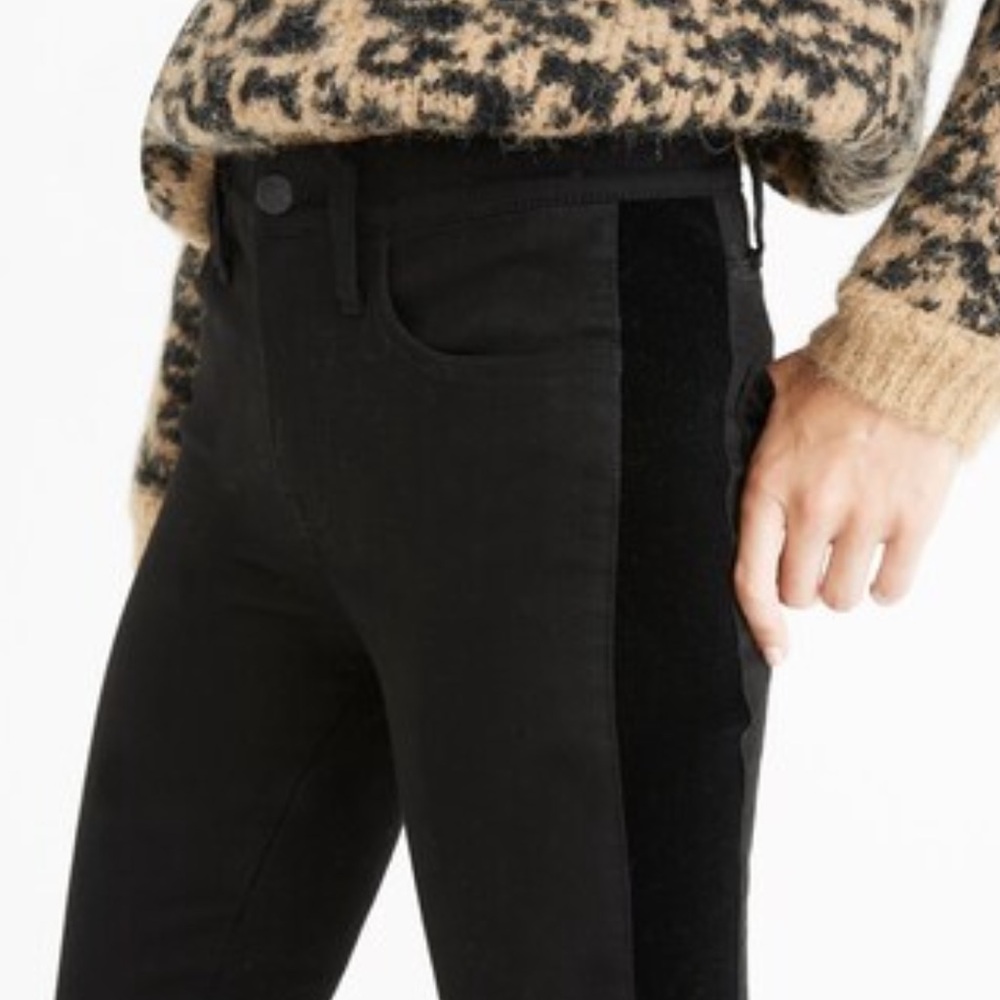 Madewell black velvet tuxedo stripe 9” high rise skinny jeans size 28